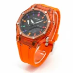 ساعت جی شاک GA2100شیشه ای بندرابر نارنجی عقربه رنگی