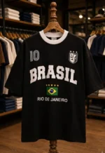 نمای جلوی تیشرت لش مشکی با نوشته سفید BRASIL و پرچم برزیل در مزون رم.