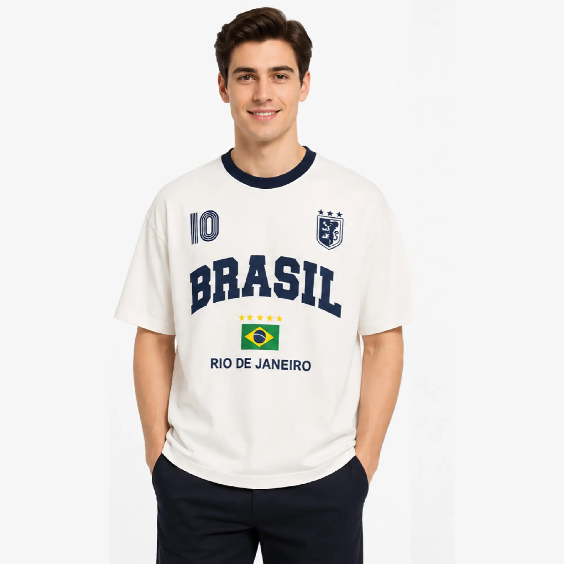 feriia.ir-inshot_20260720_161159771 نمای روبهرو از تیشرت BRASIL تیشرت لش سفید طرح BRASIL