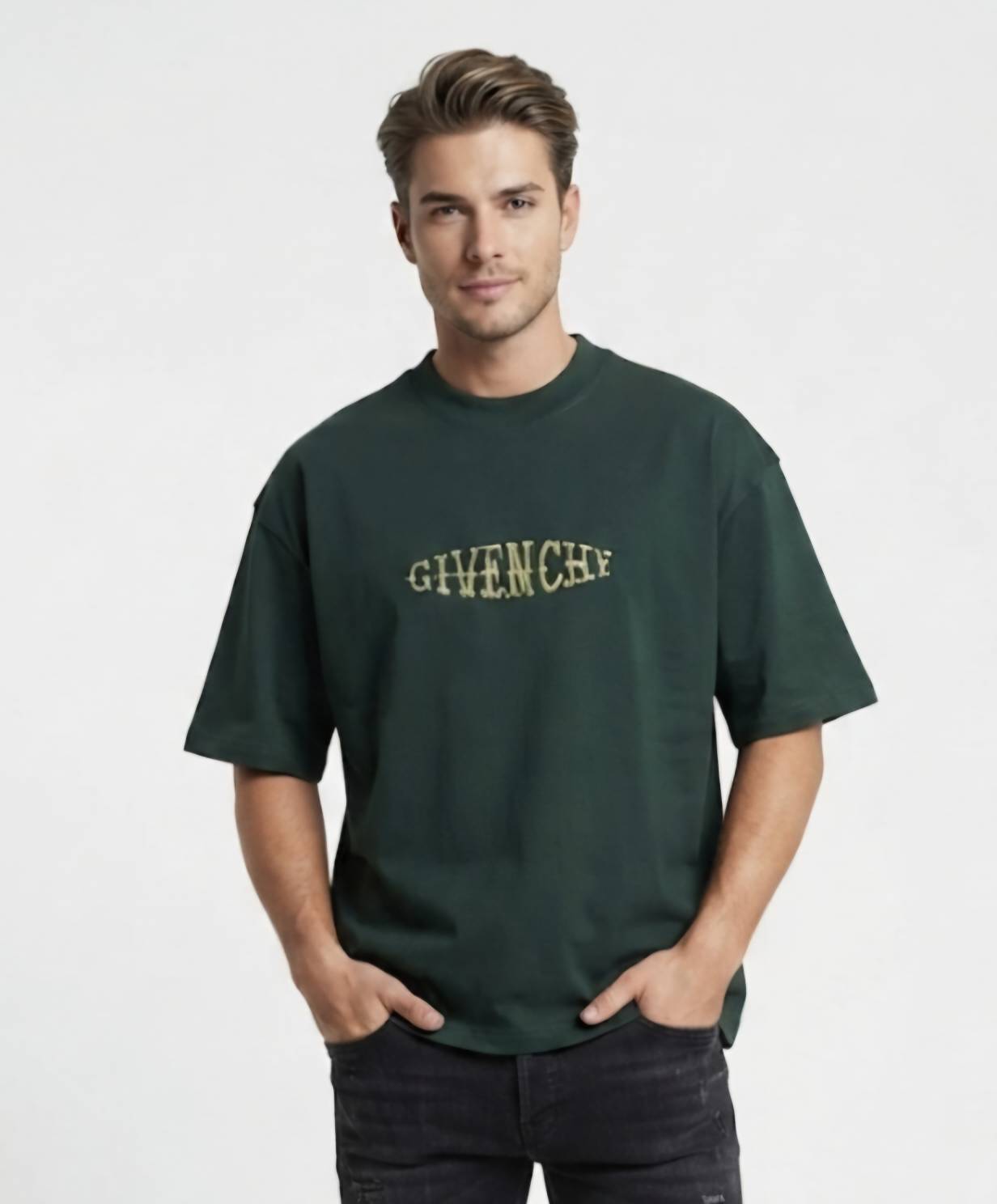 Screenshot_20260702_161144_Google خرید تیشرت Givenchy اورسایز رنگ کلهغازی با گلدوزی طلایی در جلو، ست شده با شلوار جین مشکی و کتونی سفید در مزون رم